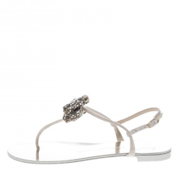 Pre Owned Giuseppe Zanotti Beige Suede Rock Crystal Embellished Bow Flat Thong Sandals Size 38.5