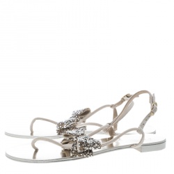 Pre Owned Giuseppe Zanotti Beige Suede Rock Crystal Embellished Bow Flat Thong Sandals Size 38.5