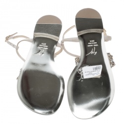 Pre Owned Giuseppe Zanotti Beige Suede Rock Crystal Embellished Bow Flat Thong Sandals Size 38.5