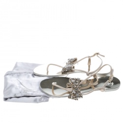 Pre Owned Giuseppe Zanotti Beige Suede Rock Crystal Embellished Bow Flat Thong Sandals Size 38.5