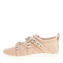 Pre Owned Giuseppe Zanotti Blush Pink Suede and Leather Christie Crystal Embellished Slip On Sneakers Size 37.5