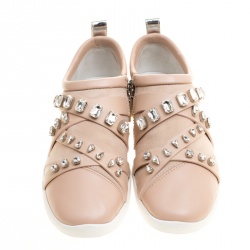 Pre Owned Giuseppe Zanotti Blush Pink Suede and Leather Christie Crystal Embellished Slip On Sneakers Size 37.5