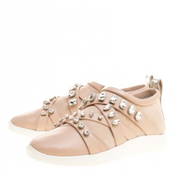 Pre Owned Giuseppe Zanotti Blush Pink Suede and Leather Christie Crystal Embellished Slip On Sneakers Size 37.5