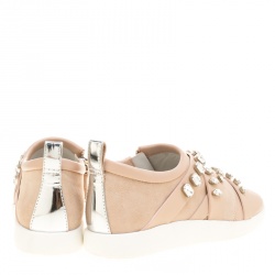Pre Owned Giuseppe Zanotti Blush Pink Suede and Leather Christie Crystal Embellished Slip On Sneakers Size 37.5