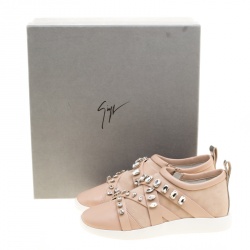Pre Owned Giuseppe Zanotti Blush Pink Suede and Leather Christie Crystal Embellished Slip On Sneakers Size 37.5