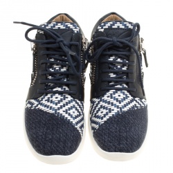 Pre Owned Giuseppe Zanotti Two Tone Woven Leather and Denim Singleg Sneakers Size 38.5