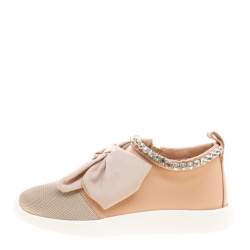 Pre Owned Giuseppe Zanotti Blush Pink Leather and Mesh Panel Bow Crystal Trim Sneakers Size 36