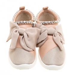 Pre Owned Giuseppe Zanotti Blush Pink Leather and Mesh Panel Bow Crystal Trim Sneakers Size 36