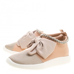 Pre Owned Giuseppe Zanotti Blush Pink Leather and Mesh Panel Bow Crystal Trim Sneakers Size 36