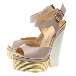 Pre Owned Giuseppe Zanotti Tricolor Leather Peep Toe Platform Ankle Strap Sandals Size 37