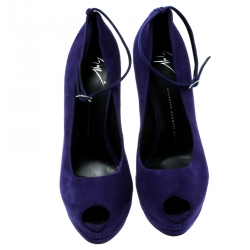 Pre Owned Giuseppe Zanotti Blue Suede Ankle Strap Peep Toe Platform Pumps Size 40