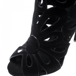 Pre Owned Giuseppe Zanotti Black Suede Floral Cut Out Knee Length Boots Size 37