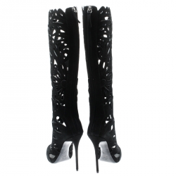 Pre Owned Giuseppe Zanotti Black Suede Floral Cut Out Knee Length Boots Size 37