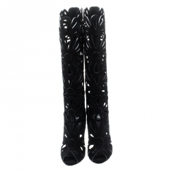 Pre Owned Giuseppe Zanotti Black Suede Floral Cut Out Knee Length Boots Size 37