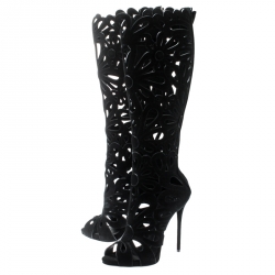Pre Owned Giuseppe Zanotti Black Suede Floral Cut Out Knee Length Boots Size 37