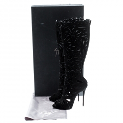 Pre Owned Giuseppe Zanotti Black Suede Floral Cut Out Knee Length Boots Size 37