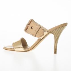 Pre Owned Giuseppe Zanotti Gold Leather Buckle Slides Size 37