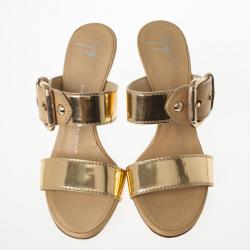 Pre Owned Giuseppe Zanotti Gold Leather Buckle Slides Size 37