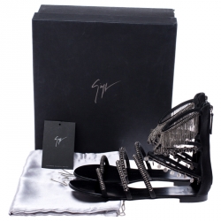 Pre Owned Giuseppe Zanotti Black Satin Embellished Strappy Flat Sandals Size 39