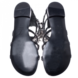 Pre Owned Giuseppe Zanotti Black Satin Embellished Strappy Flat Sandals Size 39