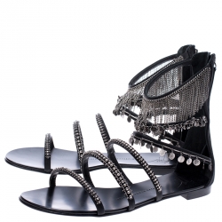 Pre Owned Giuseppe Zanotti Black Satin Embellished Strappy Flat Sandals Size 39