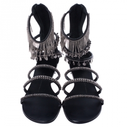 Pre Owned Giuseppe Zanotti Black Satin Embellished Strappy Flat Sandals Size 39