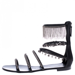 Pre Owned Giuseppe Zanotti Black Satin Embellished Strappy Flat Sandals Size 39