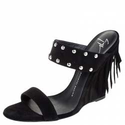 Pre Owned Giuseppe Zanotti Black Suede Taline Fringe Wedge Sandals Size 40
