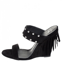 Pre Owned Giuseppe Zanotti Black Suede Taline Fringe Wedge Sandals Size 40