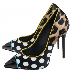 Giuseppe Zanotti Multicolor Leopard/Polka Dots Satin and Patent Leather Yvette Pointed Toe Pumps 38