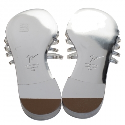 Pre Owned Giuseppe Zanotti Silver Leather Crystal Embellished Strappy Flats Size 40
