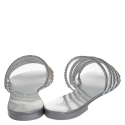 Pre Owned Giuseppe Zanotti Silver Leather Crystal Embellished Strappy Flats Size 40