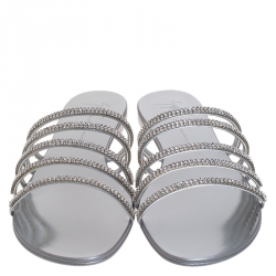 Pre Owned Giuseppe Zanotti Silver Leather Crystal Embellished Strappy Flats Size 40