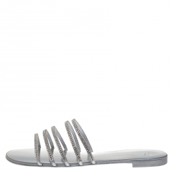 Pre Owned Giuseppe Zanotti Silver Leather Crystal Embellished Strappy Flats Size 40