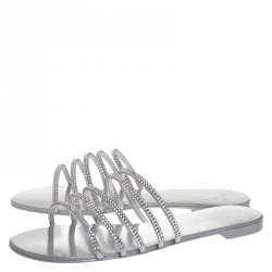 Pre Owned Giuseppe Zanotti Silver Leather Crystal Embellished Strappy Flats Size 40