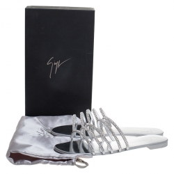 Pre Owned Giuseppe Zanotti Silver Leather Crystal Embellished Strappy Flats Size 40