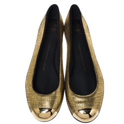 Pre Owned Giuseppe Zanotti Gold Foil Leather Malika Cap Toe Ballet Flats Size 38