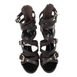 Pre Owned Giuseppe Zanotti Brown Strappy Leather Buckle Zip Sandals Size 39