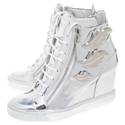 Pre Owned Giuseppe Zanotti Silver Patent Leather Lorenz High Top Wedge Sneakers Size 40