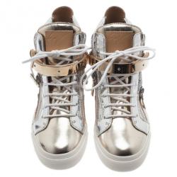 Pre Owned Giuseppe Zanotti Metallic Leather High Top Sneakers Size 37.5