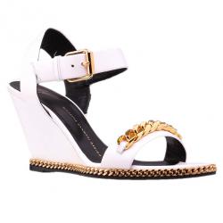Pre Owned Giuseppe Zanotti White Leather Coline Chain Detail Wedge Sandals Size 38