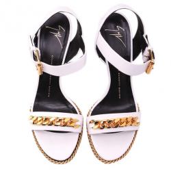 Pre Owned Giuseppe Zanotti White Leather Coline Chain Detail Wedge Sandals Size 38