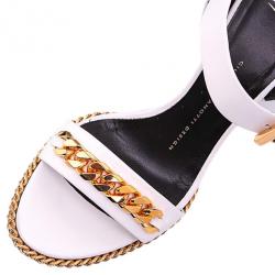 Pre Owned Giuseppe Zanotti White Leather Coline Chain Detail Wedge Sandals Size 38