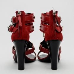 Pre Owned Giuseppe Zanotti For Pierre Balmain Red Suede Buckle Strappy Sandals Size 36