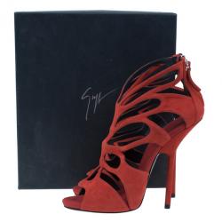 Pre Owned Giuseppe Zanotti Red Suede Butterfly Cutout Sandals Size 40