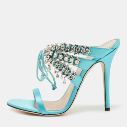 مملوكة مسبقًا Giuseppe Zanotti Sky Blue Satin Crystal Embellished Slide Sandals Size 37