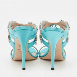 مملوكة مسبقًا Giuseppe Zanotti Sky Blue Satin Crystal Embellished Slide Sandals Size 37