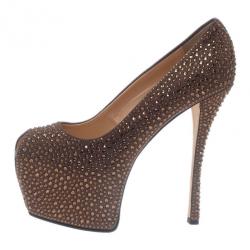 Pre Owned Giuseppe Zanotti Grey Crystal Coated Suede Exaggerated Peep Toe Platform Pumps Size 39.5