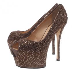 Pre Owned Giuseppe Zanotti Grey Crystal Coated Suede Exaggerated Peep Toe Platform Pumps Size 39.5