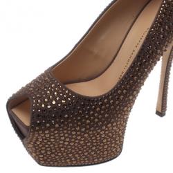 Pre Owned Giuseppe Zanotti Grey Crystal Coated Suede Exaggerated Peep Toe Platform Pumps Size 39.5